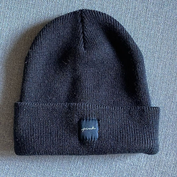 Pink Victoria Secret black Ribbed Beanie hat Pink in cursive font - Picture 1 of 4